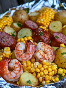 Shrimp, Corn, Potatoes, and Smoked Sausage Foil Pack 